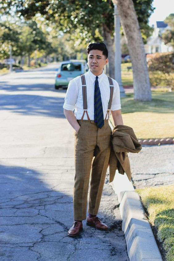 White Shirt, Suspenders Ideas With Brown Casual Trouser, Brown Pants ...