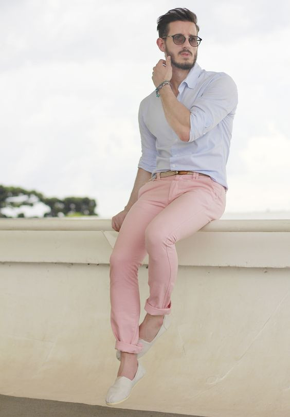 Pink Casual Trouser, Men's Outfits With Light Blue Shirt, Trousers | Men's  pants, suit trousers,