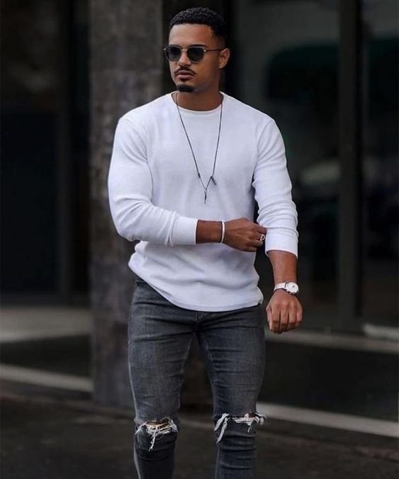 White Sweater, Full Sleeve Fashion Wear With Grey Jeans, Outfit Men White  Shirt | Men's style, casual wear, shirt t-shirt, men's clothing