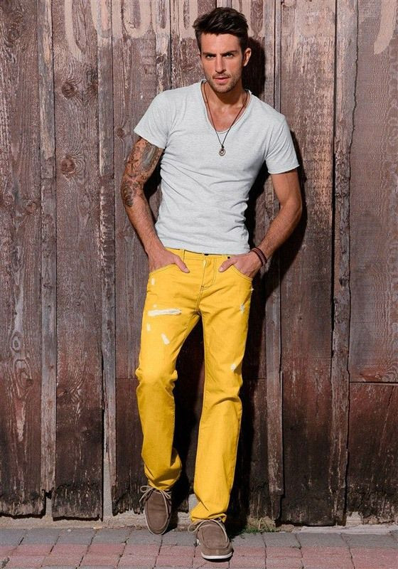 Yellow Jeans, Men's Outfits Ideas With White T-shirt, Men Wearing Yellow  Pants | Casual wear, men's clothing