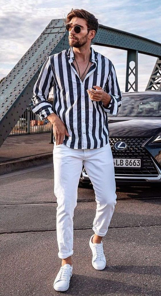 Shirt, Summer Fashion Outfits With White Jeans, Striped Shirt For Men |  Men's top, polo shirt, men's clothing