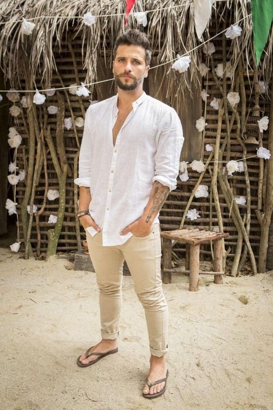 White Shirt, Beach Fashion Trends With Beige Jeans, Men's New Year's ...