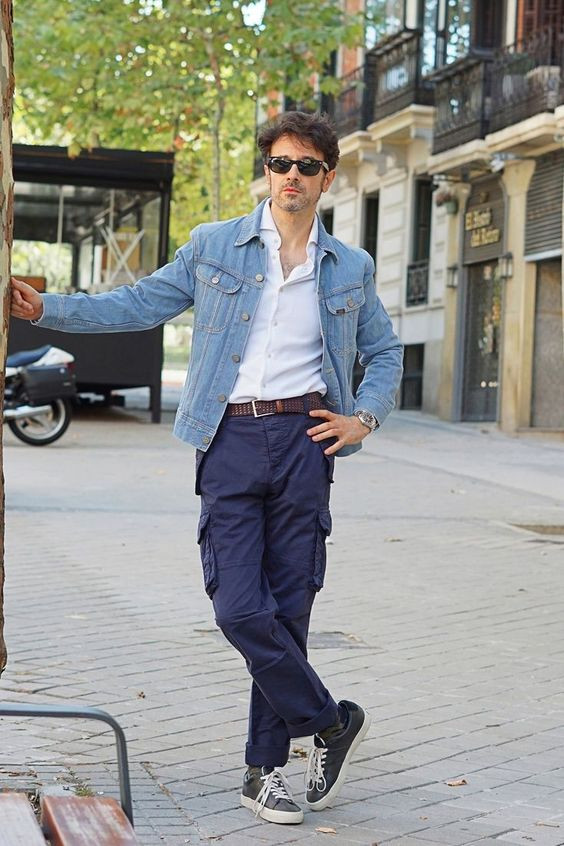 Dark Blue And Navy Casual Trouser, Cargo Fashion Tips With Light Blue  Casual Jacket, Jeans | Visual perception