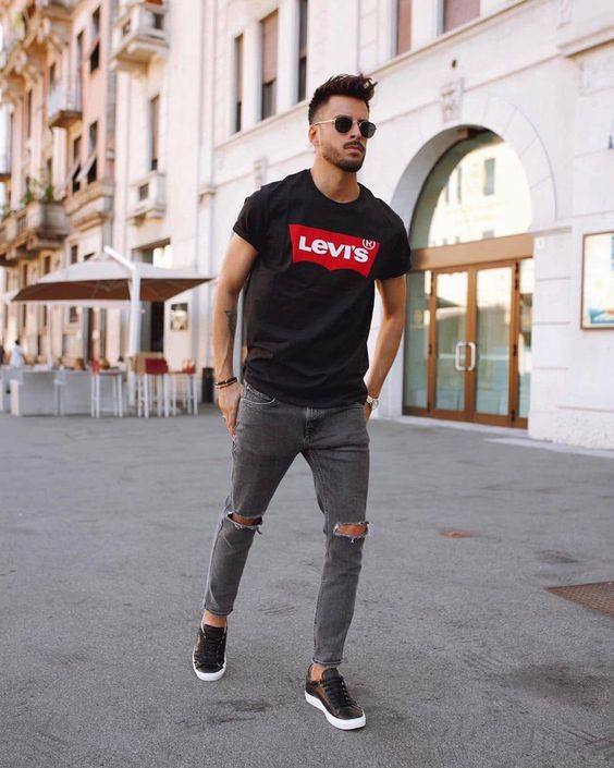 Black T-shirt, Birthday Attires Ideas With Grey Jeans, Jeans | Men's  clothing, internet coupon
