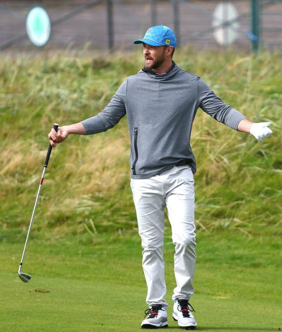 Grey Upper, Golf Attires Ideas With White Jeans, Justin Timberlake Playing Golf: 