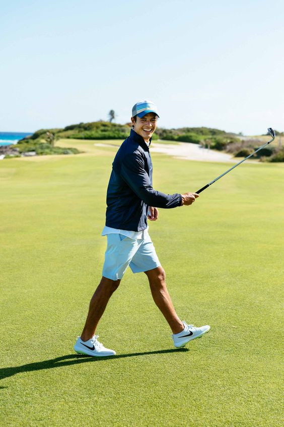 Dark Blue And Navy Suit Jackets Tuxedo, Golf Clothing Ideas With Light Blue Denim Short, Golfer: 