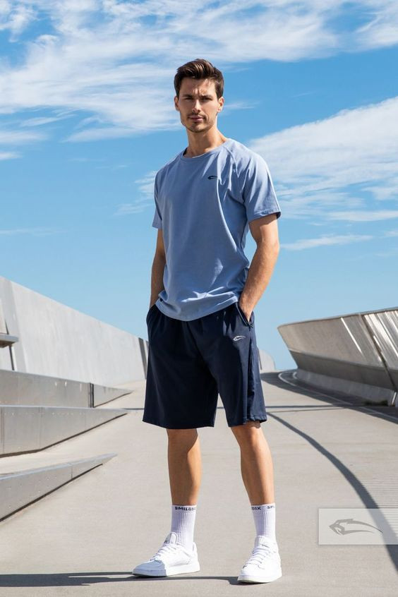 Light Blue T-shirt, Golf Wardrobe Ideas With Dark Blue And Navy Casual Short, Men's Golf Clothes: 