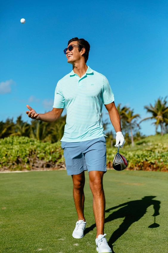 Light Blue Polo-shirt, Golf Outfit Designs With Blue Denim Short, Golf Outfit Men Summer: 