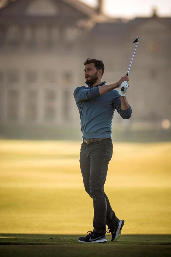 Dark Blue And Navy T-shirt, Golf Fashion Trends With Grey Jeans, Jamie Dornan: 