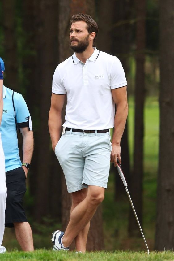 White Polo-shirt, Golf Outfits With Light Blue Formal Shorts, Jamie Dornan Golf Boss: 