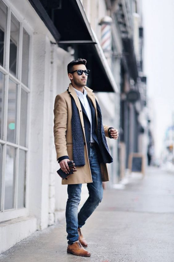 Beige Suit Jackets And Tuxedo, Scarf Outfit Designs With Dark Blue And Navy  Casual Trouser, Mens Fall Looks | Casual wear