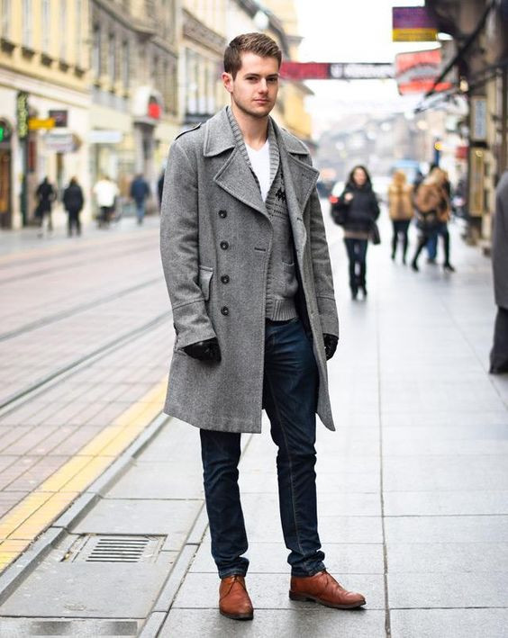 Grey Wool Coat, Gloves Outfit Trends With Dark Blue And Navy Casual  Trouser, Gloves Outfit Men | Casual wear, men's clothing, winter clothing